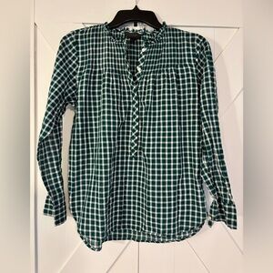 J.Crew Ruffle Popover Shirt in mini windowpane green and white gingham. Size 2.